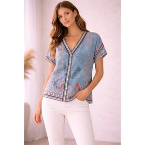 Vtg-Inspired Floral Button Front Blouse Blue Boho Cottagecore Top Short Sleeve M